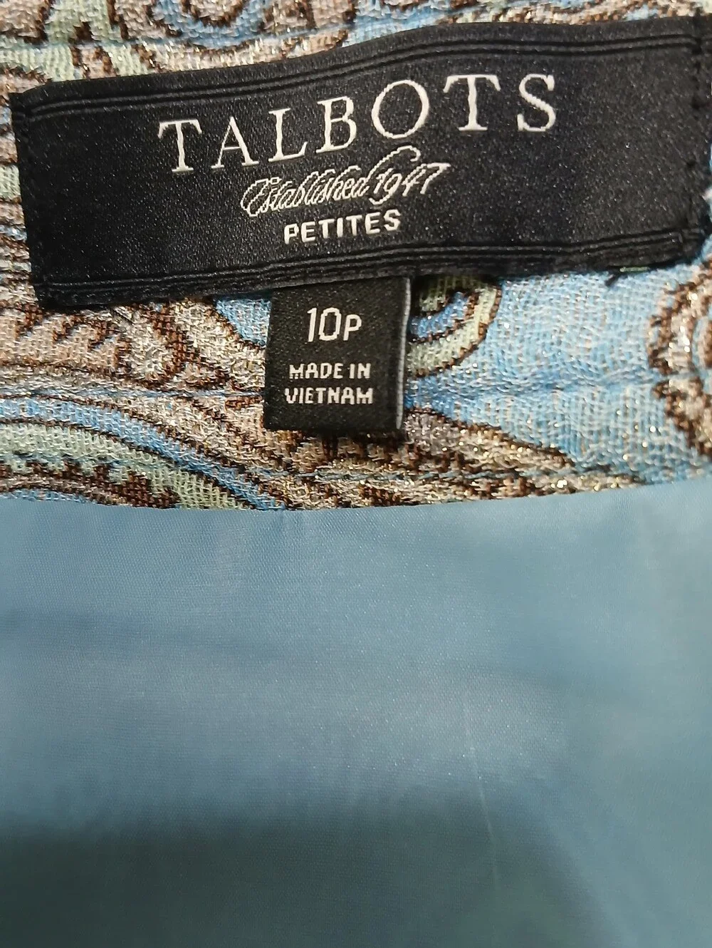 Talbots Petites 10P Blue Paisley Pencil Skirt Lined Slit Back Zip